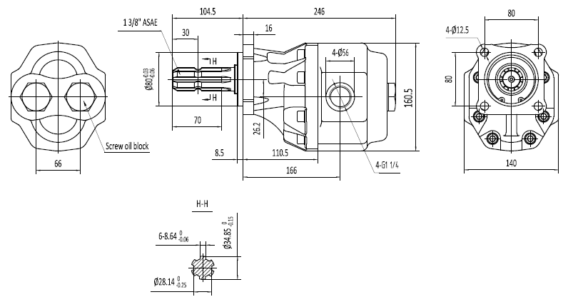 Abmessungen Hydromot Hydraulikpumpe, Zahnradpumpe, Gusspumpe, 120 cm³/U,P.T.O, 4-loch Flansch, G1 1/4", reversierbar